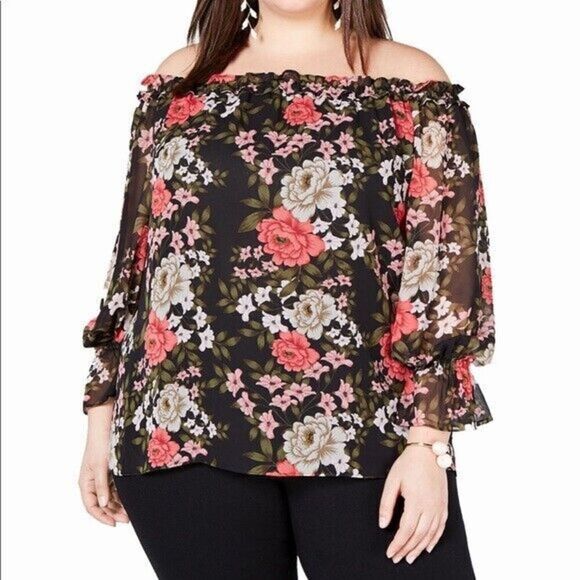 INC International Concepts Tops - INC Black & Pink Floral Off-The-Shoulder Pullover Blouse Plus Size 0X (12W)